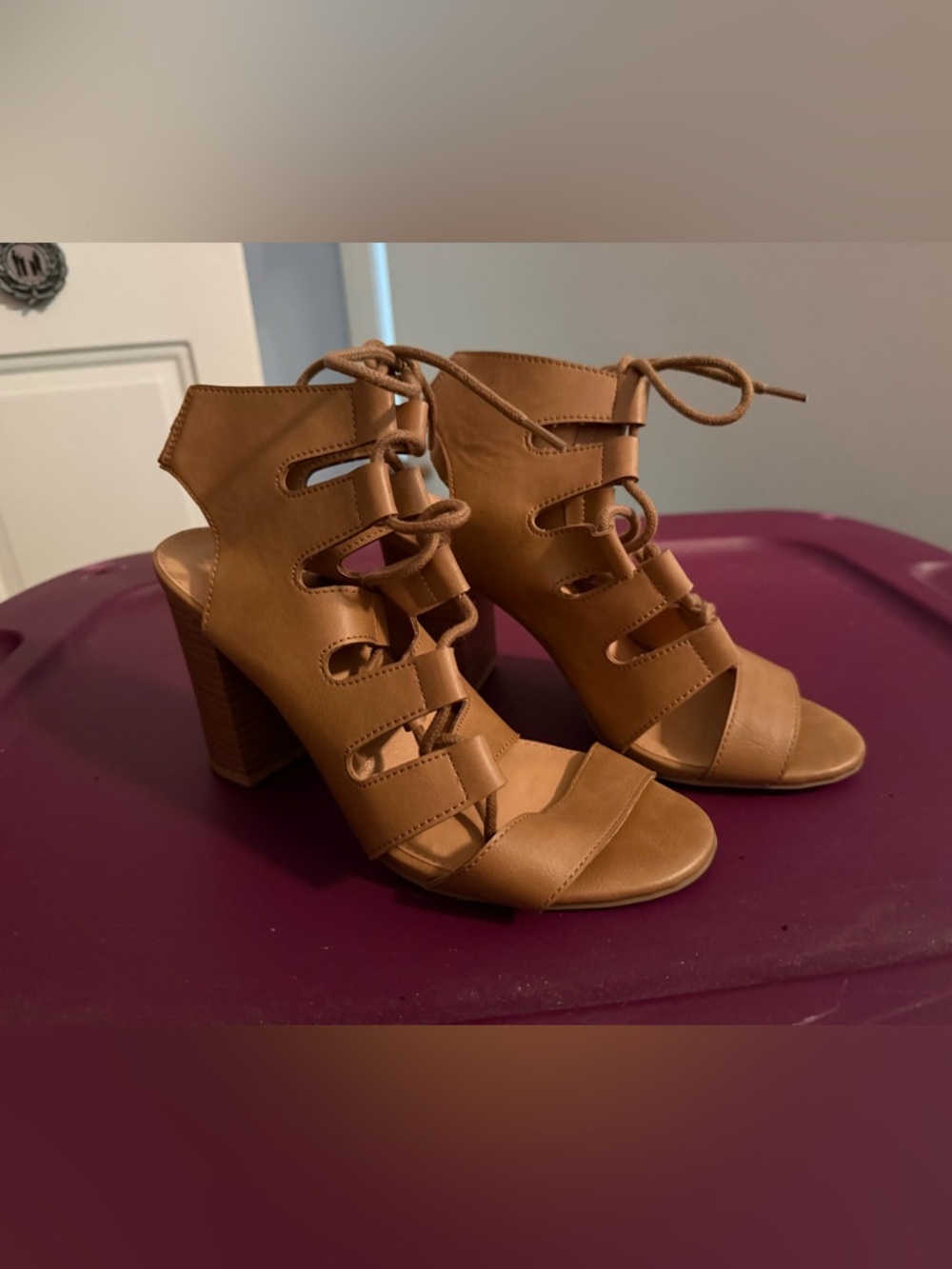 Women’s Tan Lace-Up Block Heel Sandals